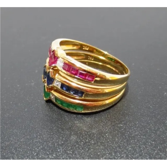 18K GOLD DIAMOND CLUSTER RING EMERALDS, BLUE SAPPHIRES RUBIES MULTI-GEMSTONE - Picture 9 of 10